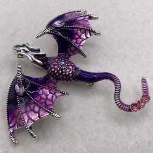 New 3D Enamel & Rhinestone Dragon Brooch Pin Pendant 2.75"x2.5" Purple Silver